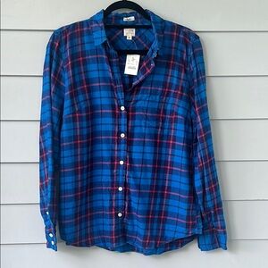 NWT J. Crew Blue and Red 100% Cotton Lightweight Flannel Button Down Shirt